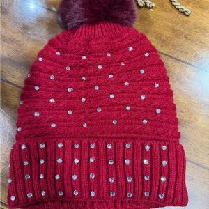 Dark Red Knit Beanie with Pom Pom